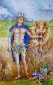 Frej naken med åker i bakgrunden